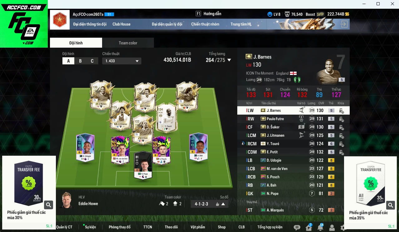 Full ITM+5 430.510b có Petit, Futre, Barnes, Litmane, Suker, Touré ICON+6... HLV Xịn